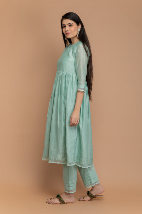 Premium Chanderi Handloom Anarkali Kurta with Cotton Pants in Mint Green & Ivory Chanderi Silk Dupatta (Set of 3) - By Vinusto