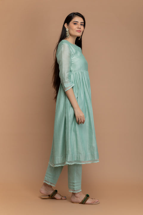 Handcrafted Chanderi Handloom Anarkali Kurta with Cotton Pants in Mint Green & Ivory Chanderi Silk Dupatta (Set of 3) - By Vinusto