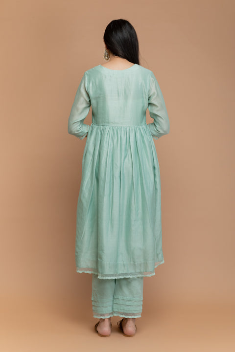 Luxury Chanderi Handloom Anarkali Kurta with Cotton Pants in Mint Green & Ivory Chanderi Silk Dupatta (Set of 3) - By Vinusto