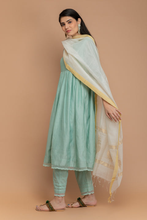 Shop Chanderi Handloom Anarkali Kurta with Cotton Pants in Mint Green & Ivory Chanderi Silk Dupatta (Set of 3) - By Vinusto
