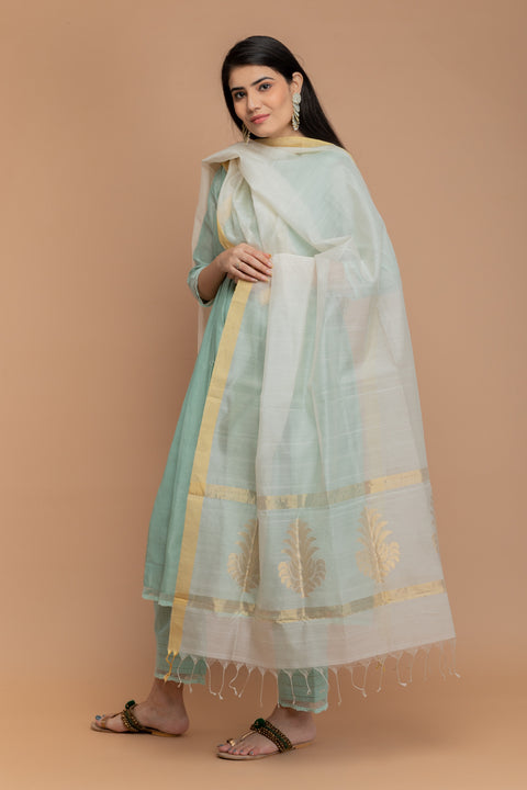 Order Chanderi Handloom Anarkali Kurta with Cotton Pants in Mint Green & Ivory Chanderi Silk Dupatta (Set of 3) - By Vinusto