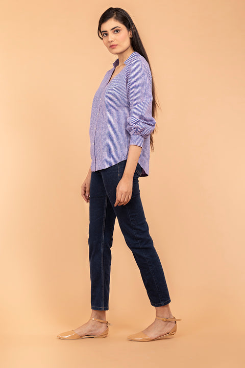 Order Pinstripes Raglan Sleeves Cotton Top in Blue & Lilac Hand Block print | Vinusto