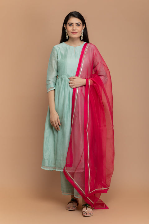 Chanderi Handloom Anarkali Kurta with Cotton Pants in Mint Green & Hot Pink Chanderi Silk Dupatta (Set of 3)