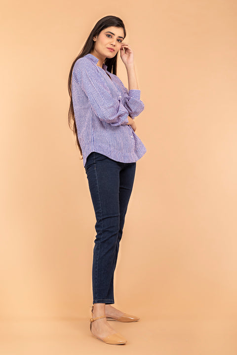 Shop Pinstripes Raglan Sleeves Cotton Top in Blue & Lilac Hand Block print | Vinusto 