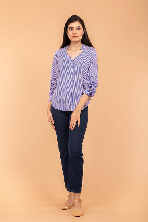 Buy Pinstripes Raglan Sleeves Cotton Top in Blue & Lilac Hand Block print | Vinusto