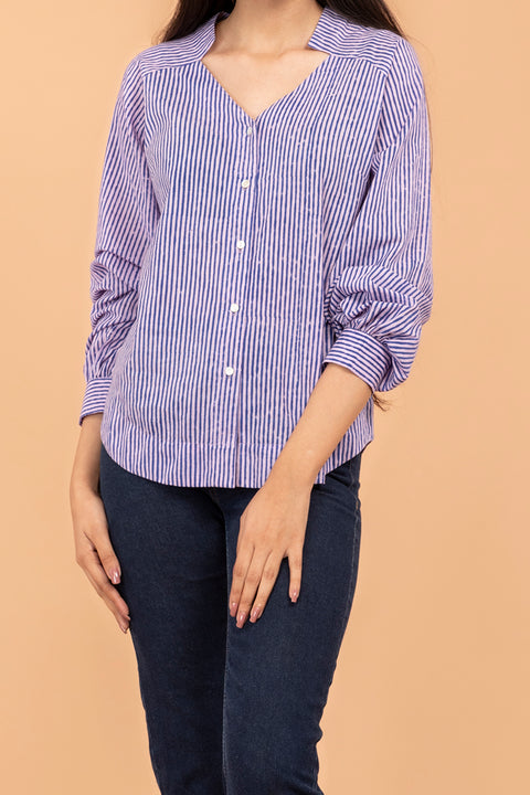 100% Pure Pinstripes Raglan Sleeves Cotton Top in Blue & Lilac Hand Block print | Vinusto