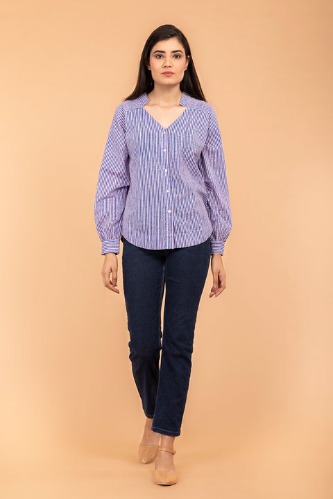 Luxury Pinstripes Raglan Sleeves Cotton Top in Blue & Lilac Hand Block print | Vinusto
