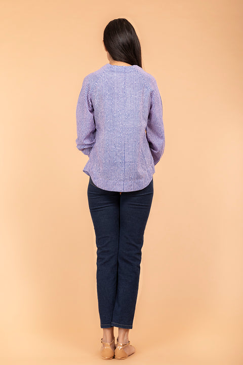 Handcrafted Pinstripes Raglan Sleeves Cotton Top in Blue & Lilac Hand Block print | Vinusto