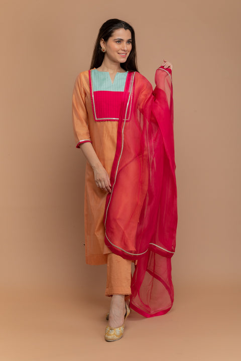 Chanderi Hand Loom Kurta & Cotton Pants in Tangerine Orange with Hot Pink Chanderi Silk Dupatta (Set of 4)