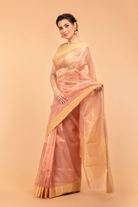 Golden Peach Tissue Handloom Saree With Zari Border