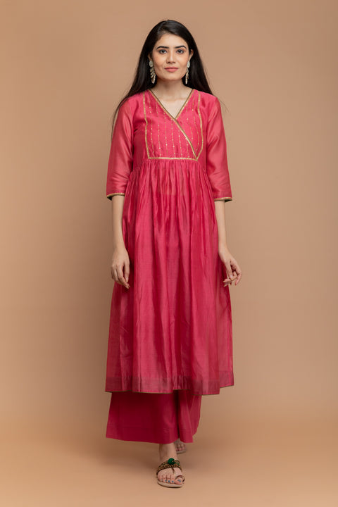 Fuchsia Pink Chanderi Handloom Embroidered Anarkali