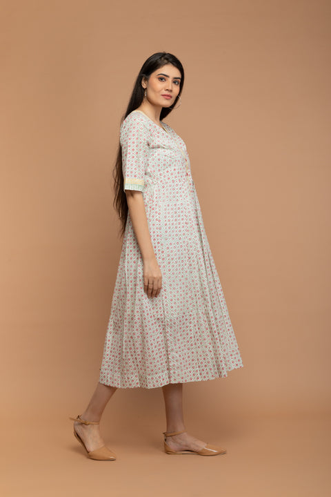 Luxury White Floral Dress in Hand Block Printed Cotton | Vinusto