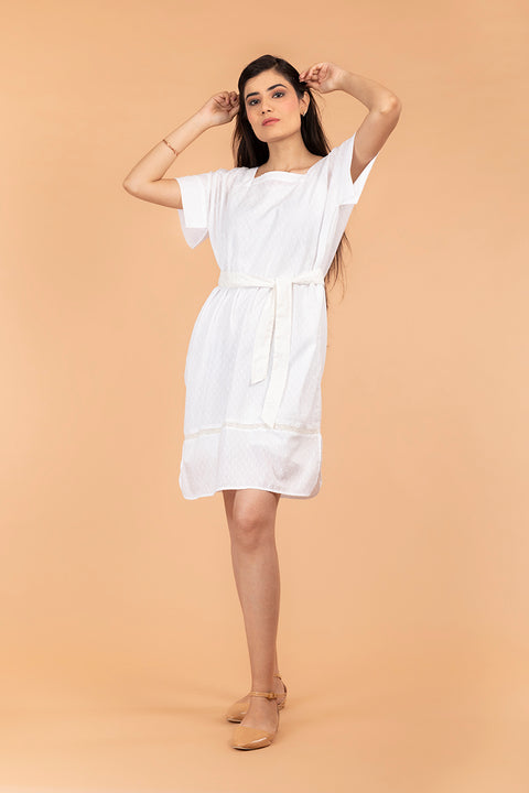 Shop Textured Cotton Boxy Dress with Belt in Off-White | Vinusto