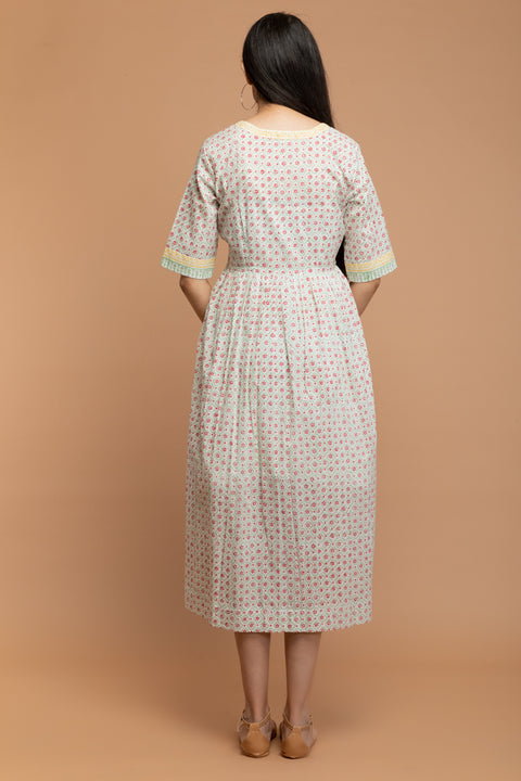 Handcraft White Floral Dress in Hand Block Printed Cotton | Vinusto