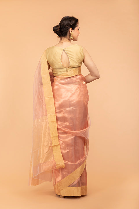 Golden Peach Tissue Handloom Saree With Zari Border