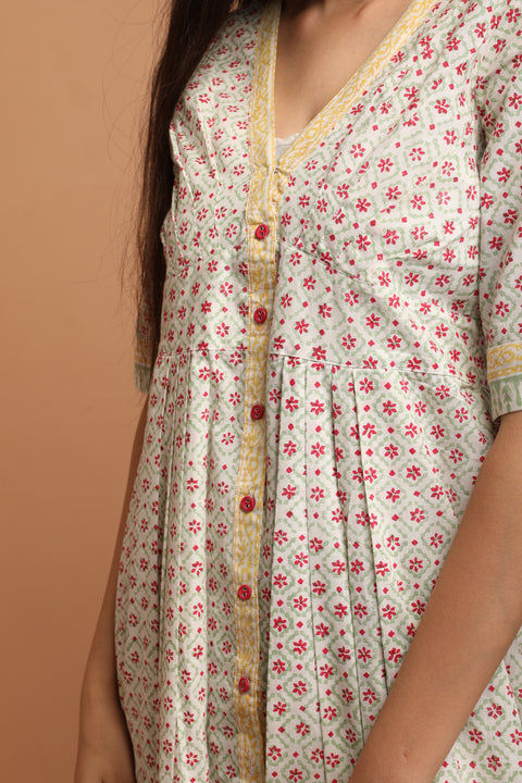 White Floral Dress in Hand Block Printed Cotton (Set of 2)