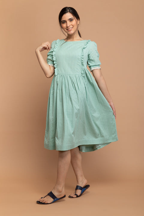 Buy Mint Green Frill Dress in Textured Cotton Dobby | Vinusto