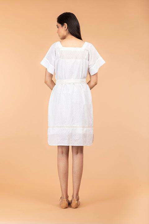 Textured Cotton Boxy Dress with Belt in Off White
