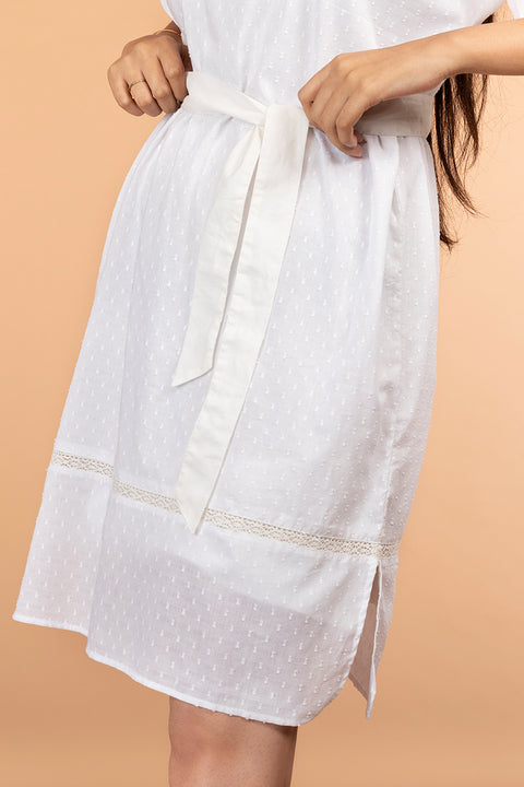Textured Cotton Boxy Dress with Belt in Off White