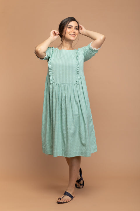 Shop Mint Green Frill Dress in Textured Cotton Dobby | Vinusto