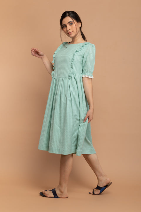Order Mint Green Frill Dress in Textured Cotton Dobby | Vinusto