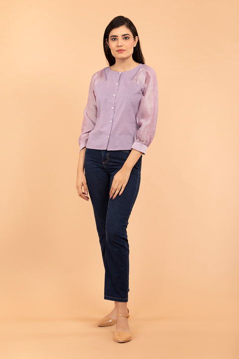 Buy Lilac Raglan Sleeve Cotton & Chanderi Handloom Top | Vinusto