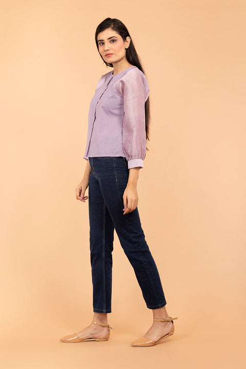 Luxury Lilac Raglan Sleeve Cotton & Chanderi Handloom Top | Vinusto