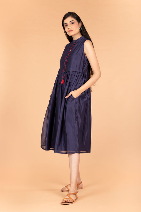 Shop Navy Blue Dress with Front Placket in Chanderi Handloom | Vinusto