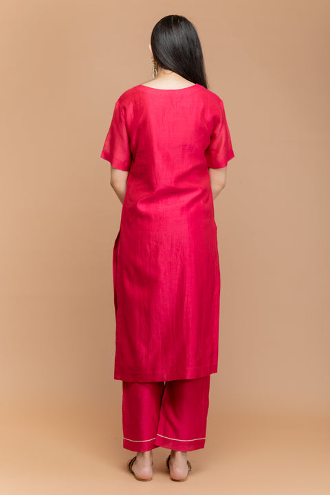 Premium Chanderi Handloom Loose Fit Kurta & Pants in Hot Pink - Set of 2 | Vinusto

