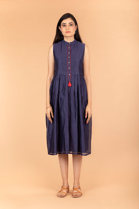 Luxury Navy Blue Dress with Front Placket in Chanderi Handloom | Vinusto