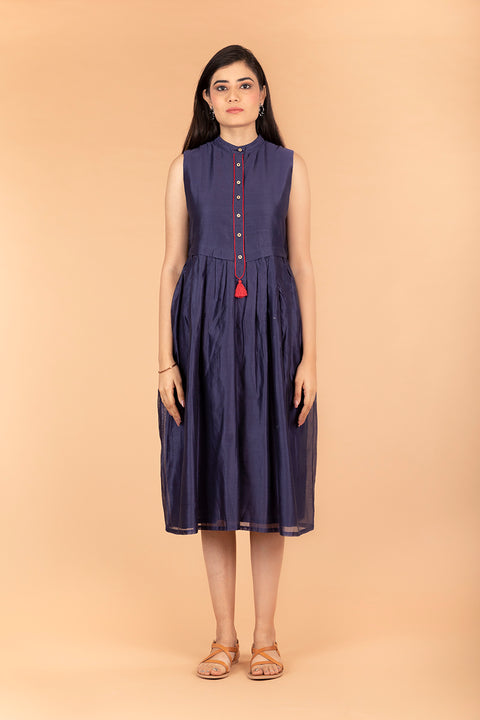 Navy Blue Dress With Front Placket in Chanderi Handloom