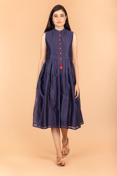 Premium Navy Blue Dress with Front Placket in Chanderi Handloom | Vinusto