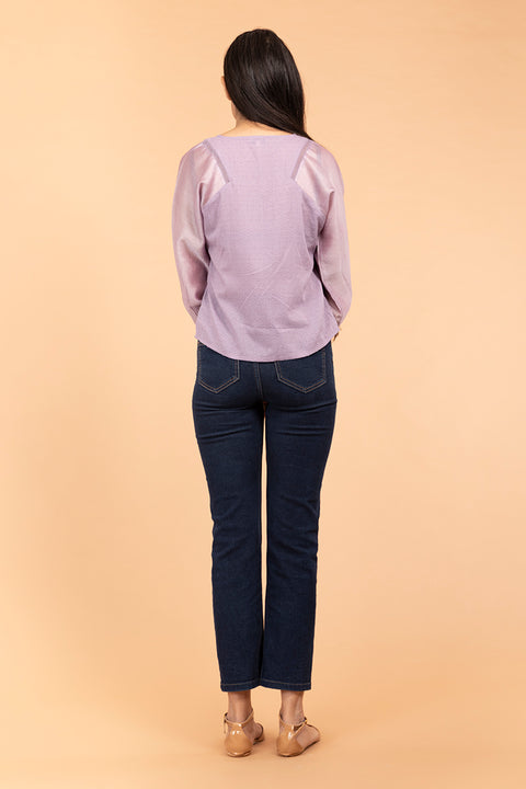 Handcrafted Lilac Raglan Sleeve Cotton & Chanderi Handloom Top | Vinusto