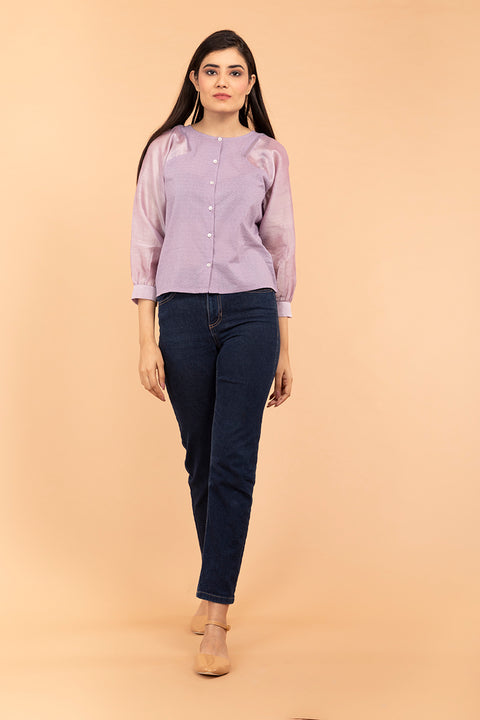 Shop Lilac Raglan Sleeve Cotton & Chanderi Handloom Top | Vinusto