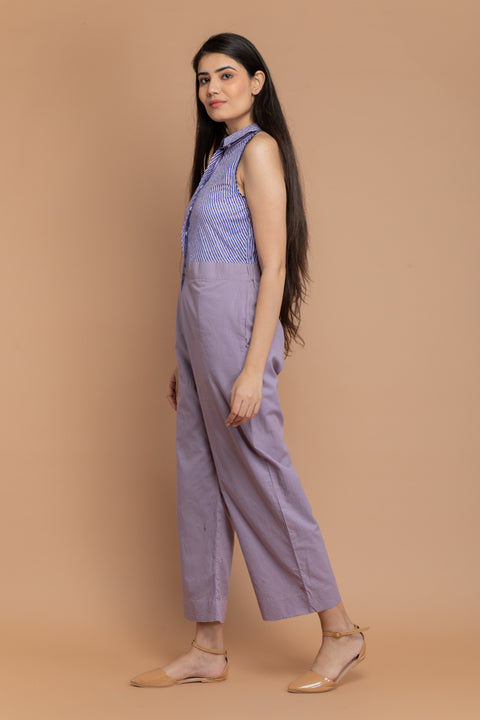 Order Halter Neck Jumpsuit in Lilac Blue Hand Block Printed Cotton | Vinusto