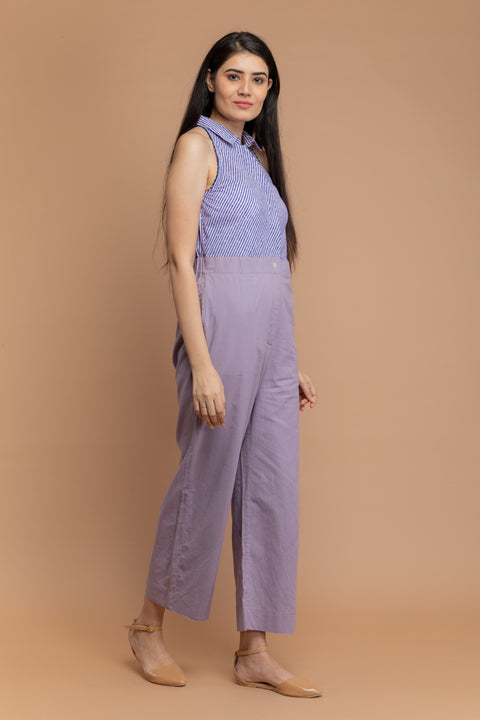 Buy Halter Neck Jumpsuit in Lilac Blue Hand Block Printed Cotton | Vinusto