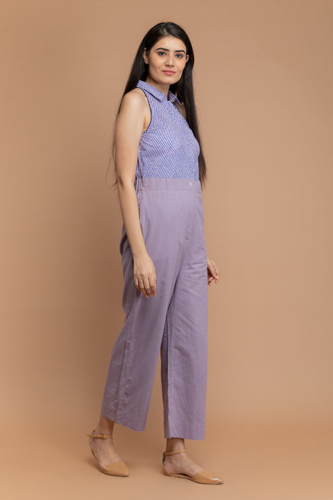 Halter neck Jumpsuit in Lilac & Blue Hand Block Printed Cotton