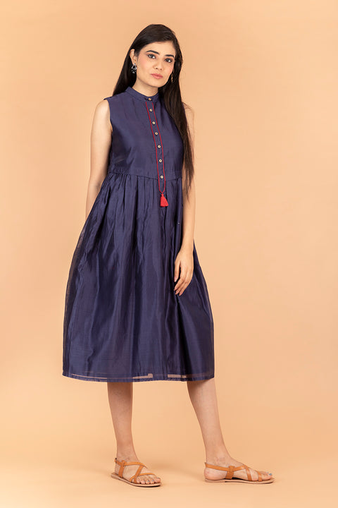 Buy Navy Blue Dress with Front Placket in Chanderi Handloom | Vinusto