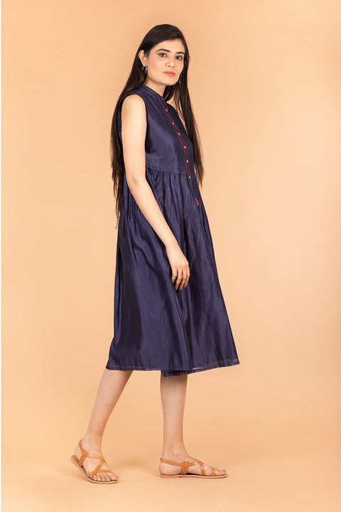 Order Navy Blue Dress with Front Placket in Chanderi Handloom | Vinusto