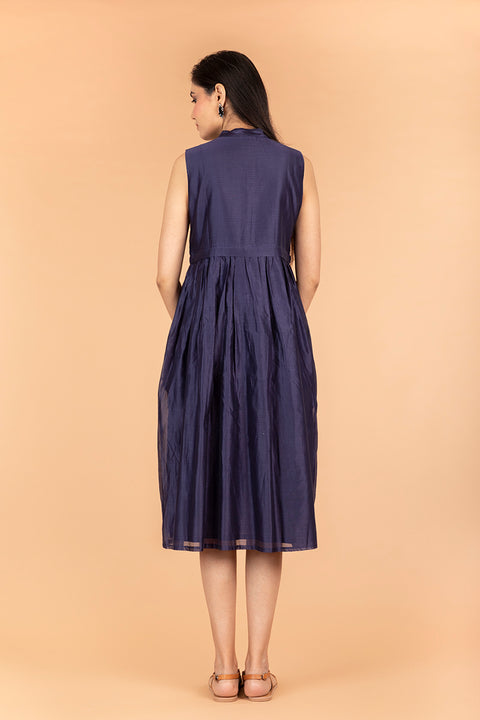 Handcraft Navy Blue Dress with Front Placket in Chanderi Handloom | Vinusto