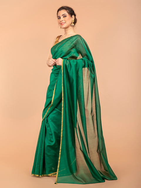 Handcrafted Saree in Deep Green Chanderi Handloom Silk