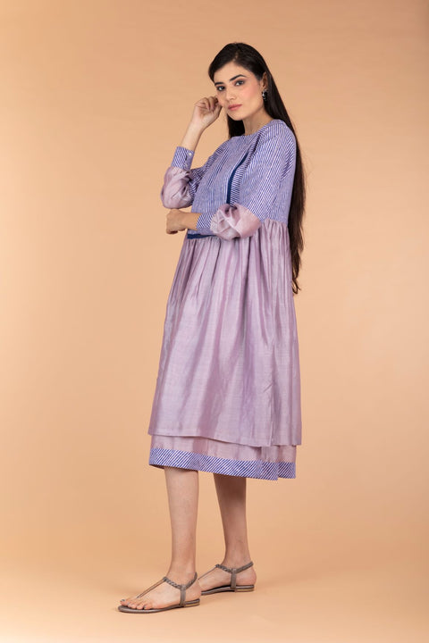 Order Chanderi Cotton Mix Layered Dress in Lilac & Handprinted Pinstripes | Vinusto