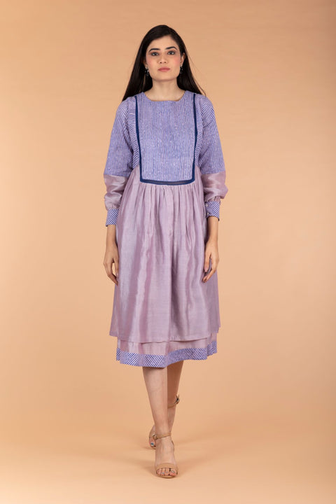 Shop Chanderi Cotton Mix Layered Dress in Lilac & Handprinted Pinstripes | Vinusto
