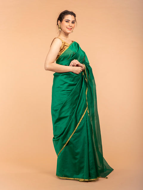 Luxury Handcrafted Deep Green Chanderi Handloom Silk Saree – Elegant & Luxurious

