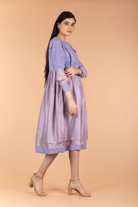 Buy Chanderi Cotton Mix Layered Dress in Lilac & Handprinted Pinstripes | Vinusto