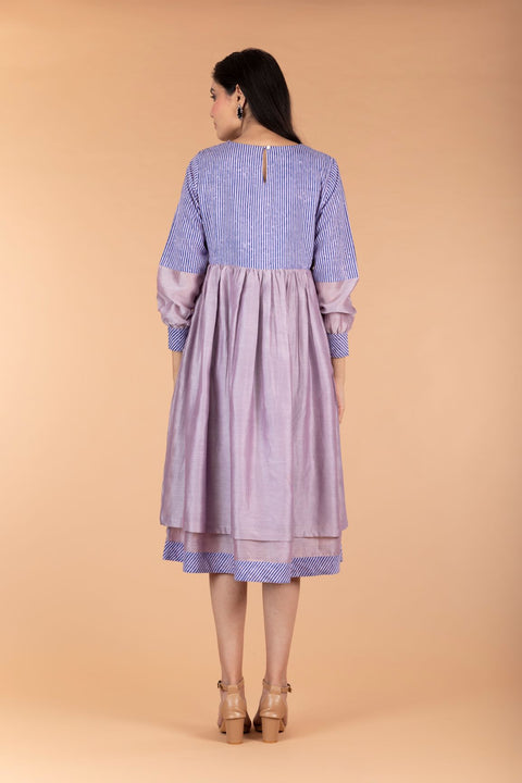 Premium Chanderi Cotton Mix Layered Dress in Lilac & Handprinted Pinstripes | Vinusto
