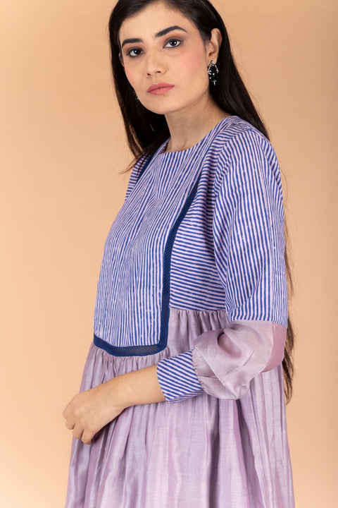 Luxury Chanderi Cotton Mix Layered Dress in Lilac & Handprinted Pinstripes | Vinusto