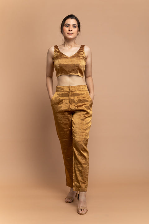 Buy Gold Zari Crop Top with High-Waist Pants in Handwoven Fabric | Vinusto