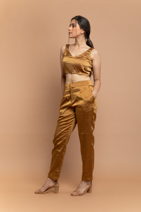 Order Gold Zari Crop Top with High-Waist Pants in Handwoven Fabric | Vinusto