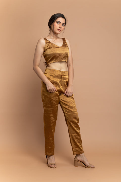 Luxury Gold Zari Crop Top with High-Waist Pants in Handwoven Fabric | Vinusto